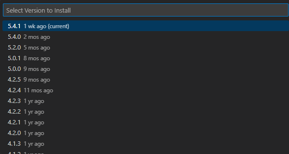 Capture d’écran montrant des versions autres que la dernière version de Visual Studio Code.